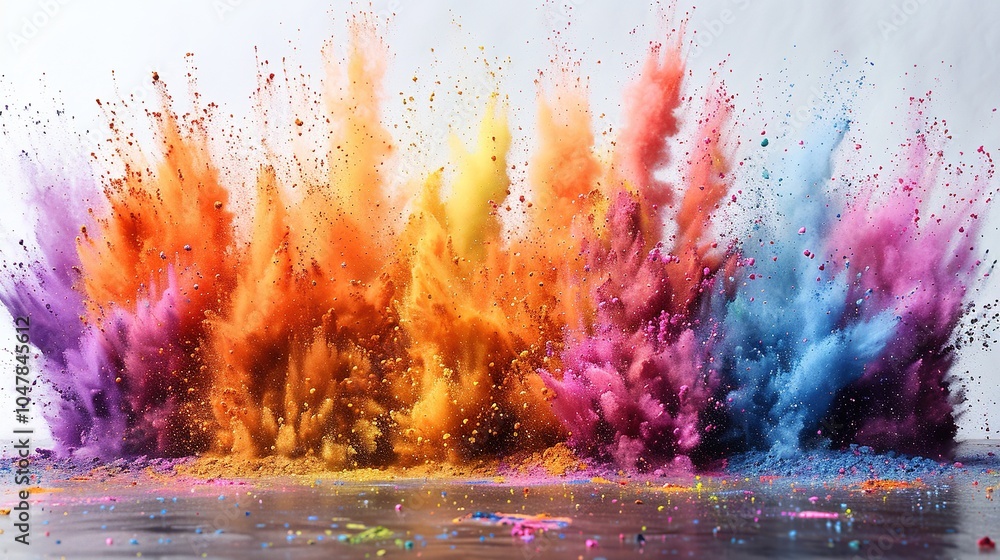 Poster a vibrant explosion of colored powders creating an artistic and dynamic visual effect.
