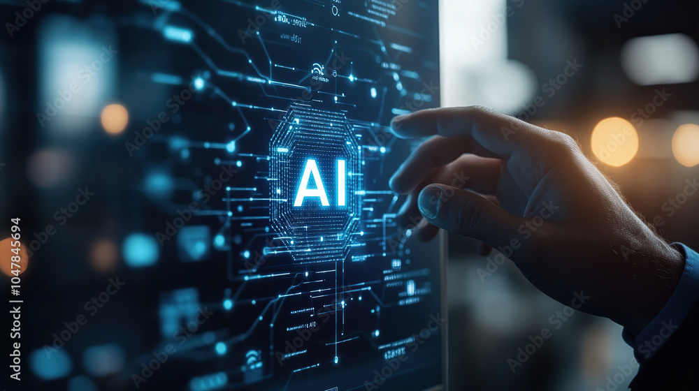 Poster businessman touching a digital hologram of an ai icon with the text 