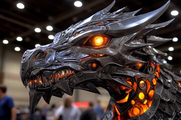 A fantasy mechanical dragon being disassembled by engineers, revealing its inner clockwork and enchanted gears