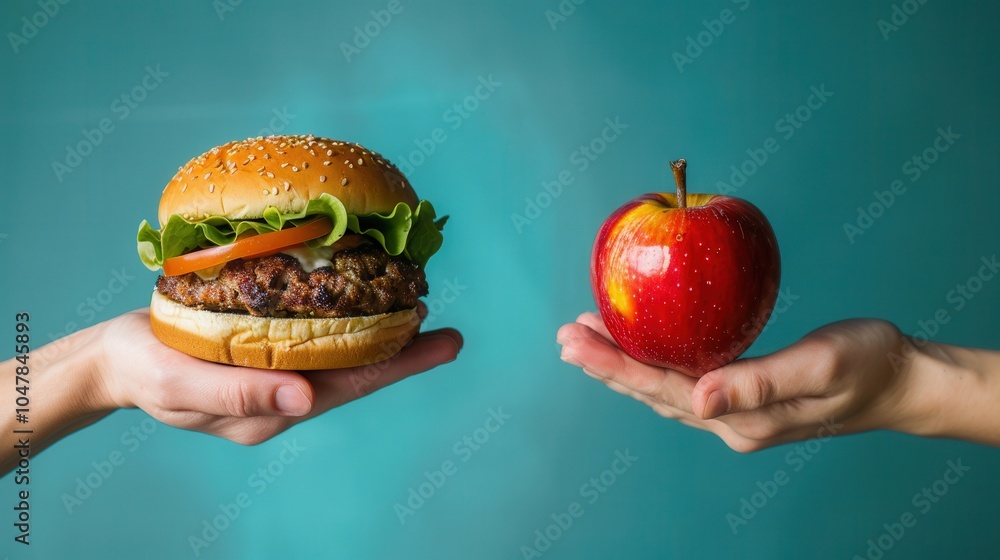 Aufkleber a person weighs the options of a healthy apple versus an unhealthy hamburger to highlight dietary ch