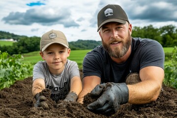 A father and son working together on a farm, both with dirt on their hands and matching expressions of determination