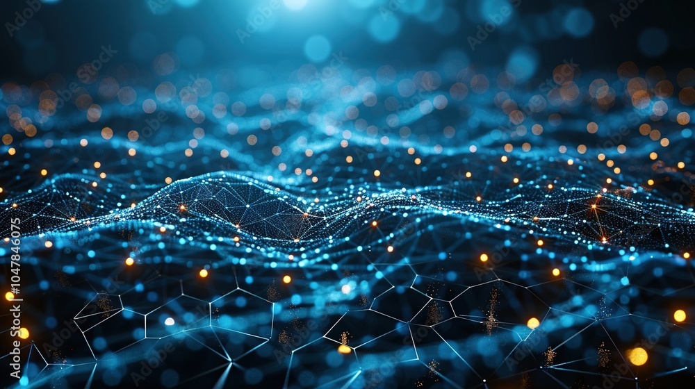 Poster abstract digital landscape with interconnected nodes and glowing elements.