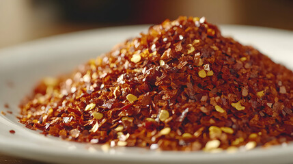 Close-Up of Vibrant Crushed Red Pepper Flakes on a Dark Surface, Showcasing Texture and Color