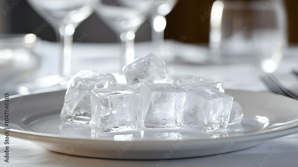 Poster close-up of crystal clear ice cubes with sharp edges on a reflective surface