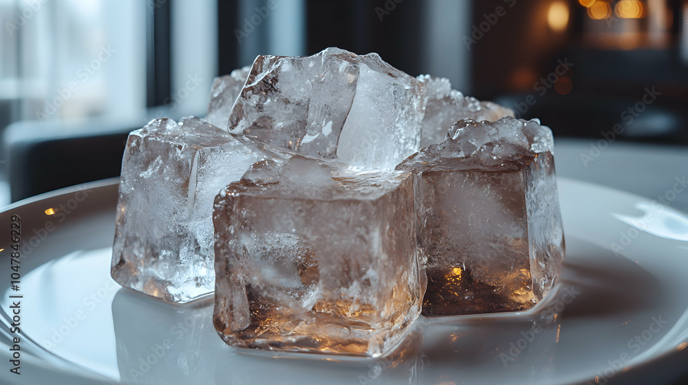 Poster close-up of crystal clear ice cubes with sharp edges on a reflective surface