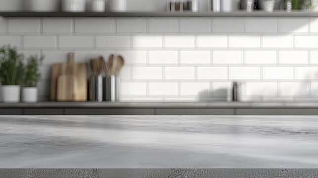 Ultra-realistic 3D render of a modern grey kitchen countertop with blank space for household product display, white ceramic tile backsplash, sunlight, and utensils
