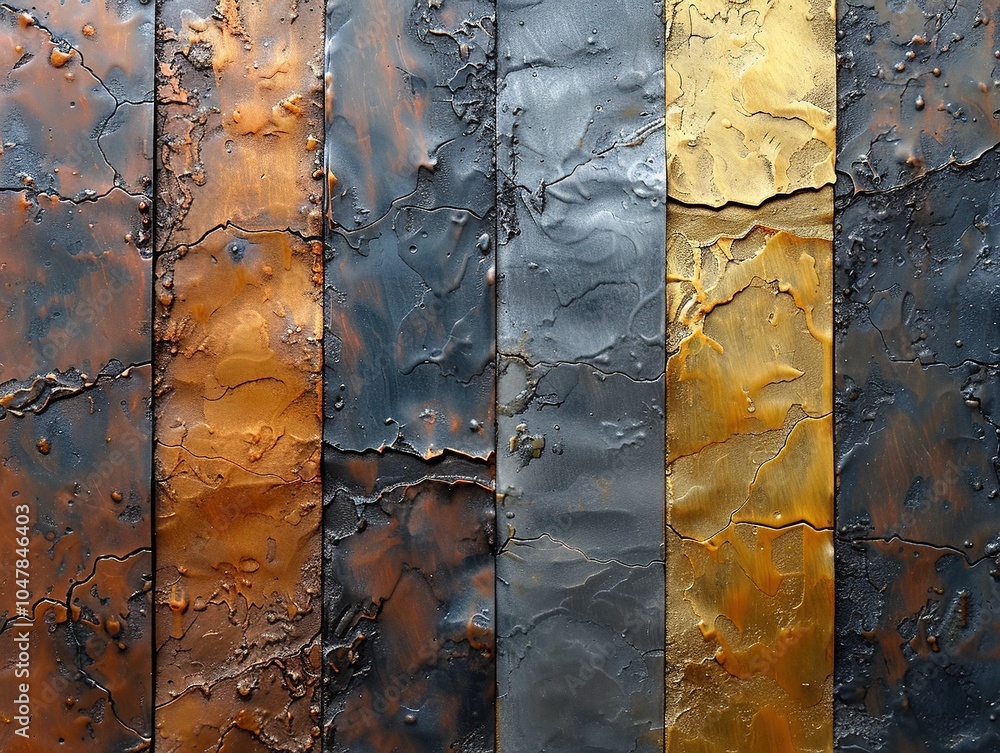 Poster abstract textured panels in warm and cool tones, showcasing a blend of metallic colors and patterns.