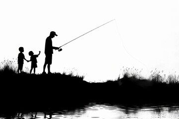 Serene silhouette of a family fishing by the tranquil waters