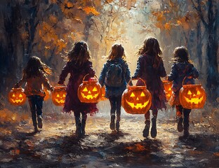 Children happily carrying pumpkins