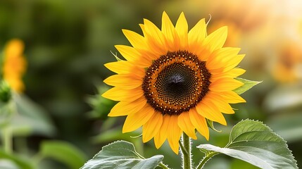 Obraz premium A vibrant sunflower blooms against a soft background, showcasing its bold yellow petals and intricate seeds in the center, radiating warmth and positivity.