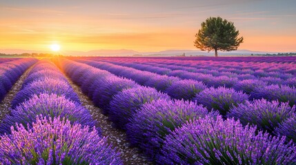 Obraz premium A serene lavender field at sunrise, showcasing vibrant purple blooms under a bright sky and a solitary tree in the distance.
