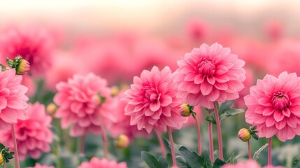 Obraz premium A vibrant field of blooming pink flowers, showcasing their intricate petals and lush greenery in a soft, dreamy background.