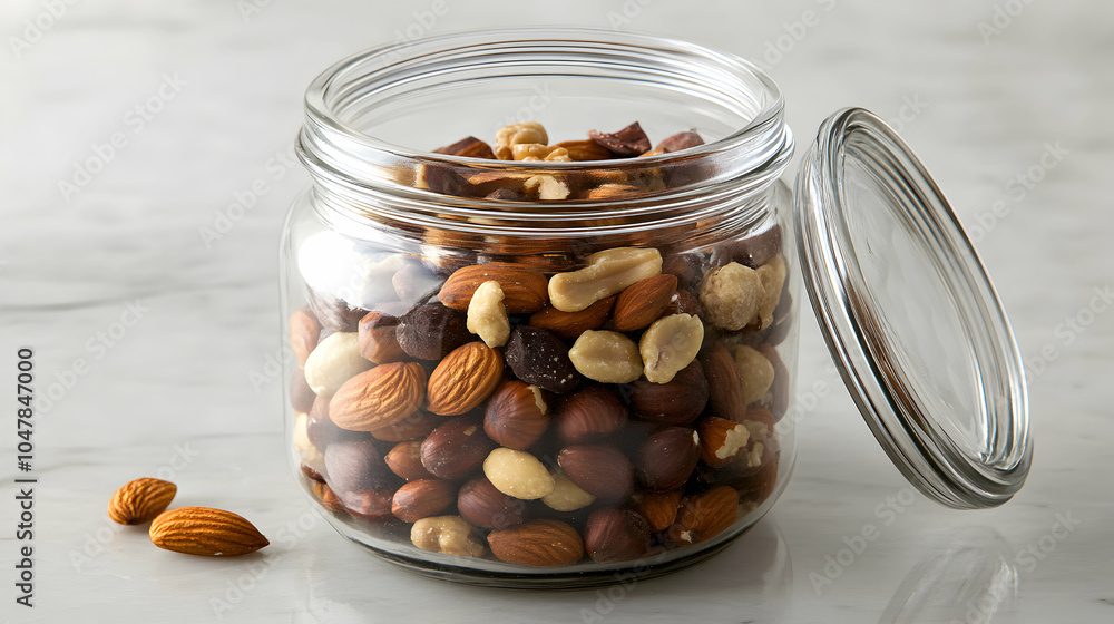 Poster glass jar filled with mixed nuts with slightly open lid on a neutral background