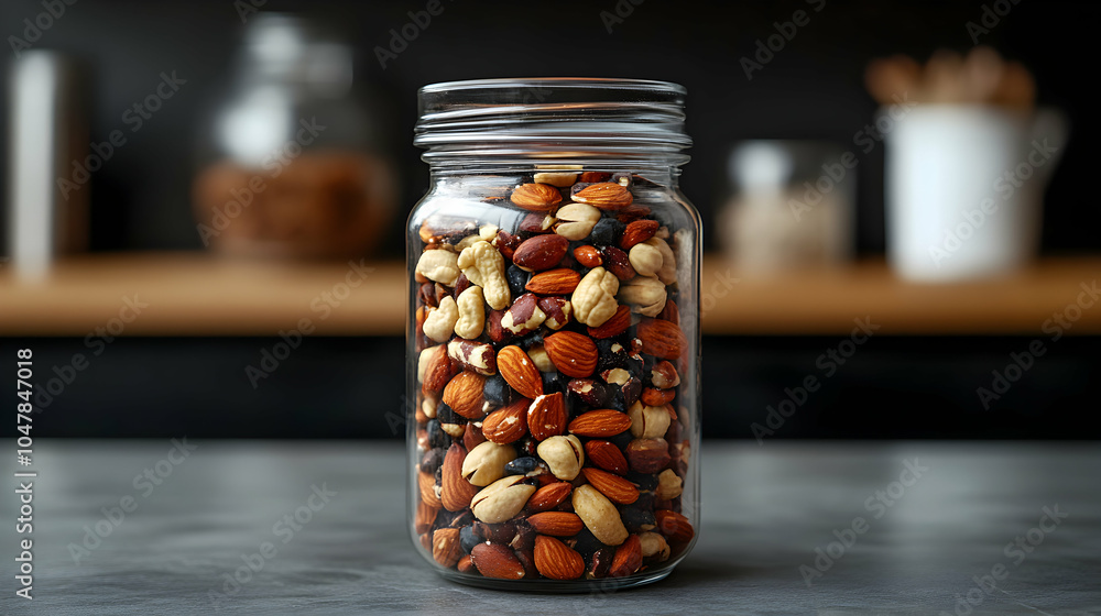 Poster glass jar containing assorted nuts with a slightly open lid on a neutral background