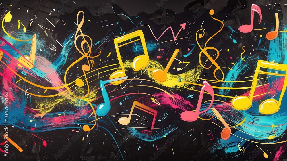 Poster a chalkboard features bright brushstrokes and musical notes, showcasing creativity during an art and