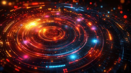Abstract circular glowing technology background with red and blue lights.