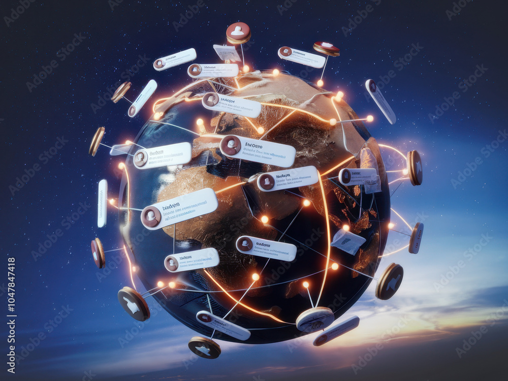 Poster a digital globe interconnected with floating messages, symbolizing global communication and informat
