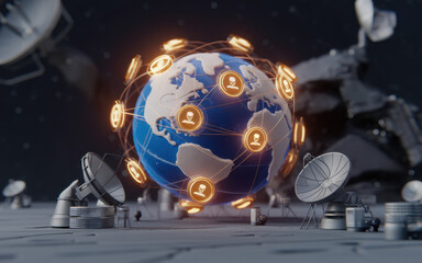 A futuristic depiction of Earth surrounded by glowing cryptocurrency symbols, set against a cosmic background with satellite dishes.
