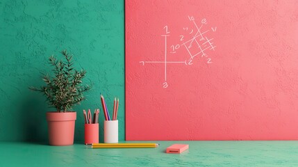 A green and pink wall with a chalkboard on it
