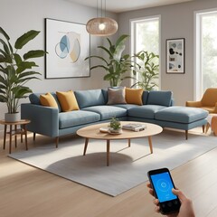 Modern cozy living room with fireplace and luxury furniture