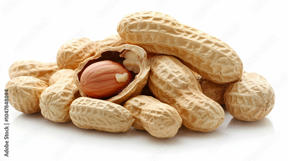 Poster a close-up view of a pile of peanuts in their shells with one cracked open, showcasing the natural t