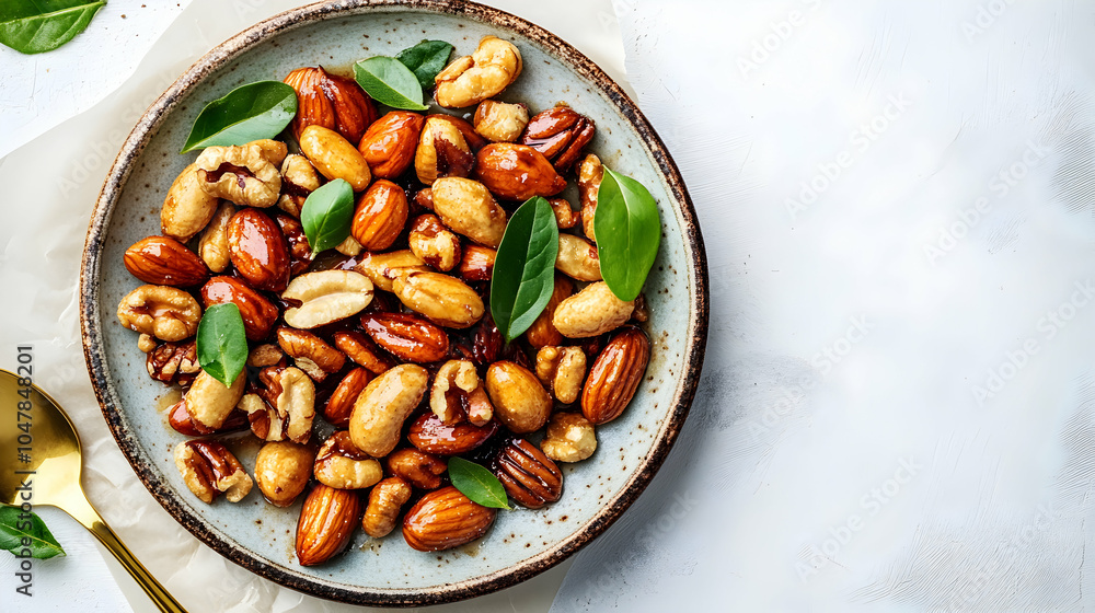 Poster plate of caramelized nuts on parchment paper with a rustic background