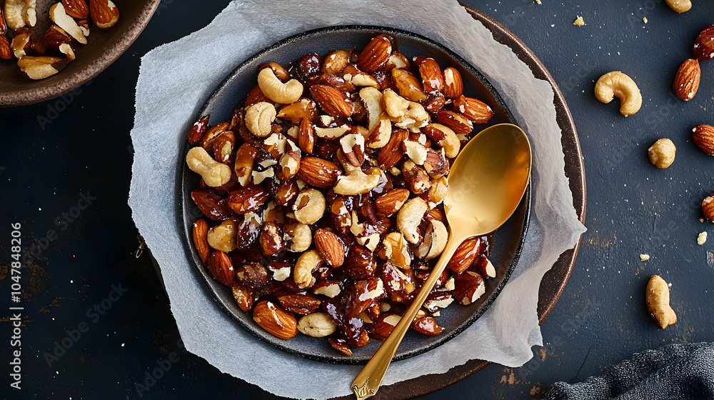 Poster plate of caramelized nuts on parchment paper, close-up view with warm lighting and rustic background