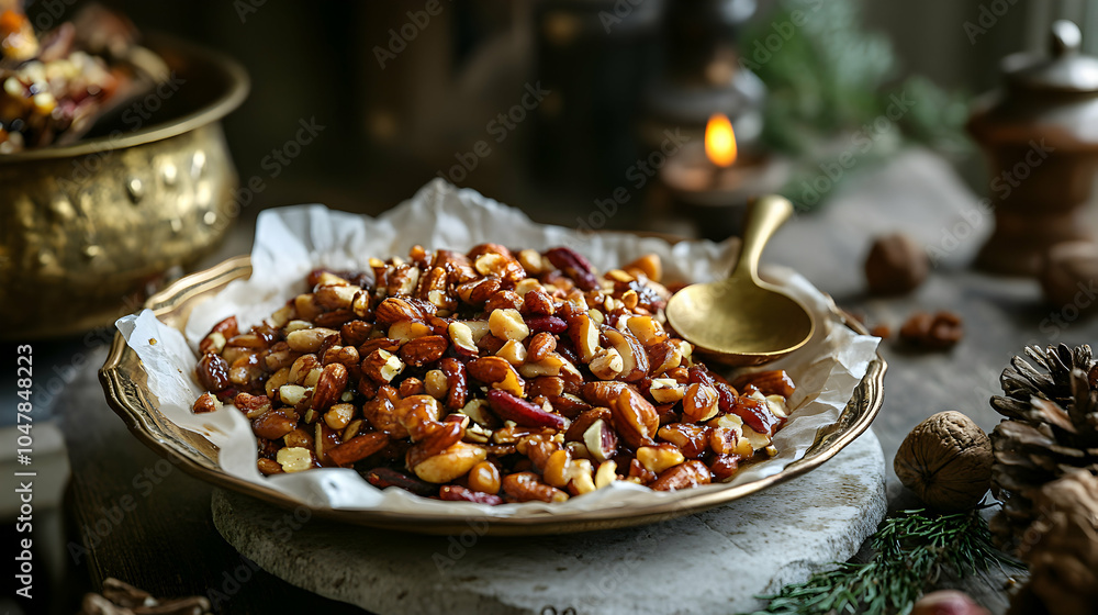Poster plate of caramelized nuts on parchment paper with a rustic background