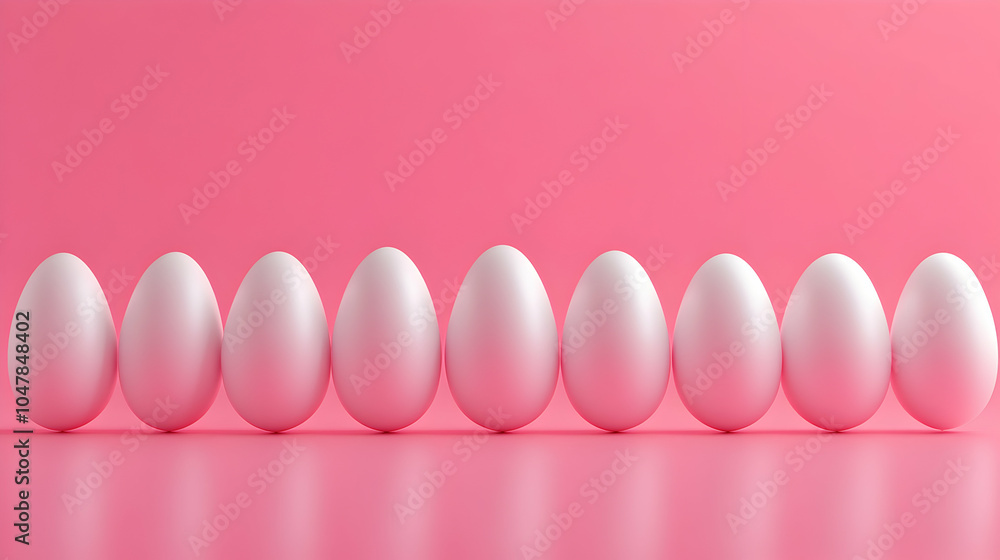 Poster a row of evenly spaced eggs on a smooth soft pink background