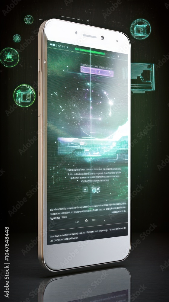 Sticker A smartphone displaying a futuristic interface with icons floating in the air.