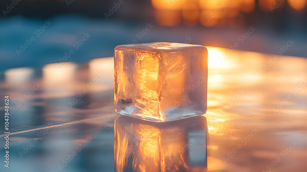 Aufkleber single ice cube with light reflection on smooth surface, capturing crystal clarity and texture in a 