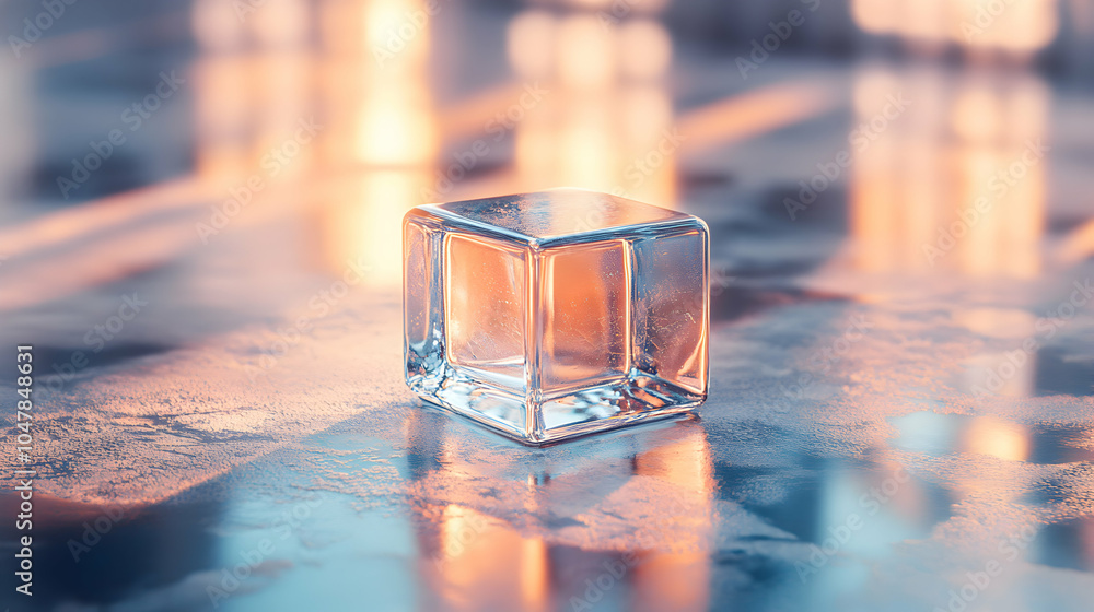 Poster a single ice cube with light reflection on a smooth surface, capturing the essence of coolness and c