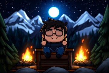 A pixel art character taking a nap in a cozy, pixelated cabin with a crackling fire, capturing the warm, nostalgic feel of retro video games