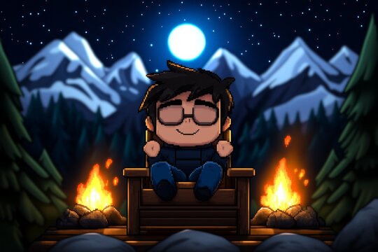 A pixel art character taking a nap in a cozy, pixelated cabin with a crackling fire, capturing the warm, nostalgic feel of retro video games