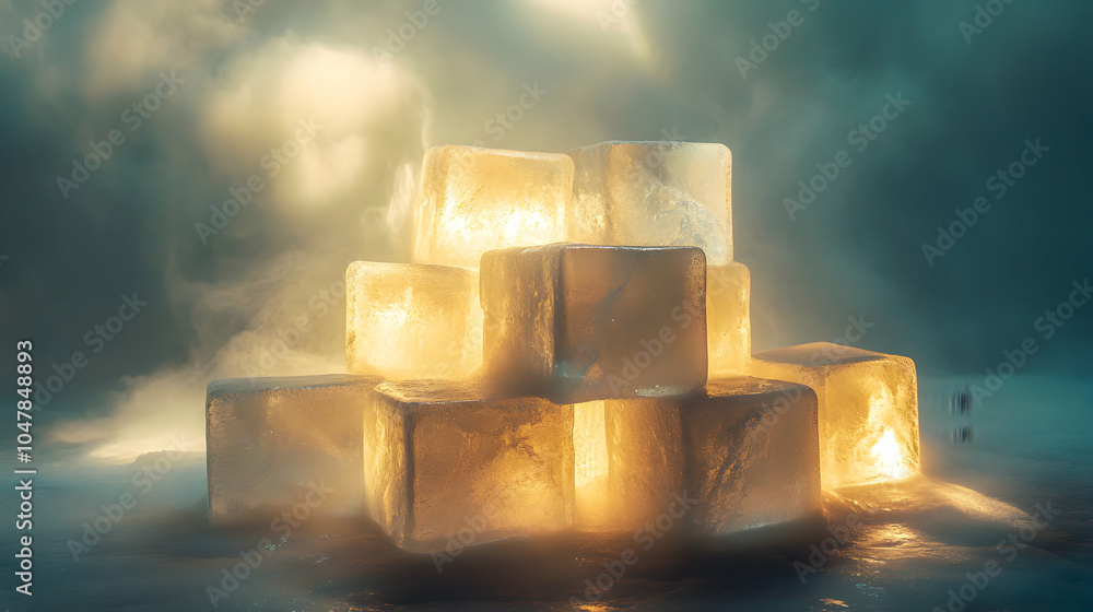 Poster a stack of large geometric ice cubes glowing under soft light in a darkened environment