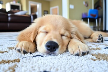 A puppy taking a nap on a soft rug, paws tucked under and ears flopped over in complete relaxation