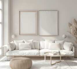 「快適な白いソファを備えたミニマルなリビングルームのインテリア。スタイリッシュな装飾品。ニュートラルな壁に飾られた2つの空の額縁。アート作品や写真を飾るのに最適な背景を提供」