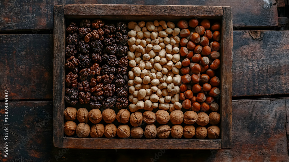 Poster top-down view of a diverse assortment of unshelled nuts on a rustic wooden surface