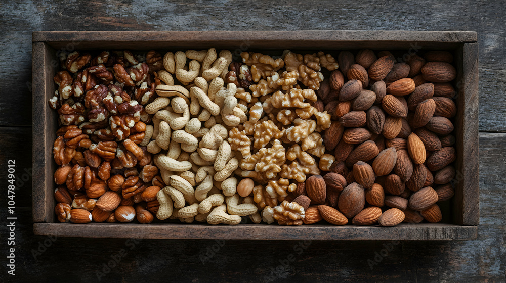 Poster top down view of a variety of unshelled nuts in a rustic setting