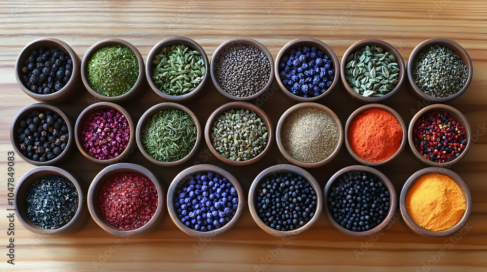 Poster a vibrant array of colorful spices in small bowls displayed on a rustic wooden surface