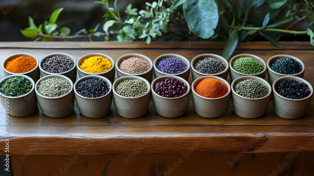 Poster a colorful array of spices in small bowls displayed on a rustic wooden surface