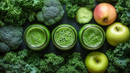 Multiple glasses of green smoothies surrounded by fresh fruits and leafy greens