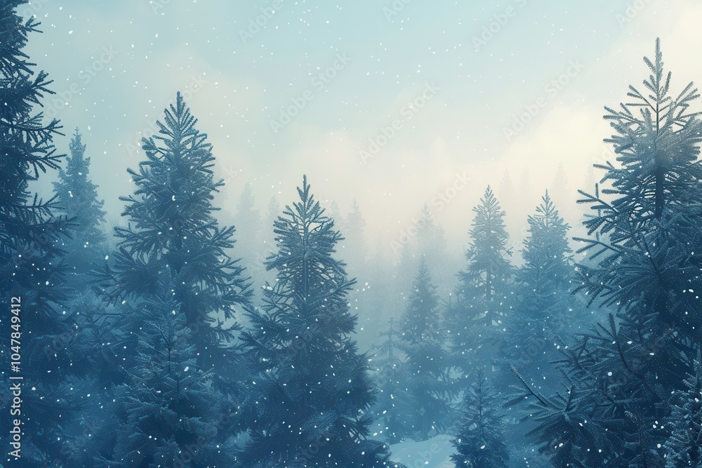 Poster tall pine trees stand majestically in a snow-covered forest as soft snowflakes descend, creating a p