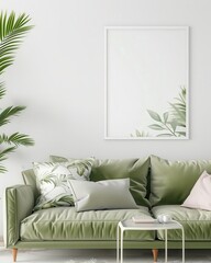 「スタイリッシュなリビングルームインテリア。快適なグリーンのソファ、観葉植物、白い額縁。このモックアップシーンをカスタマイズするには、ご自身の芸術作品や写真を追加してください」