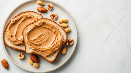 Slices of bread topped with peanut butter and surrounded by various nuts.