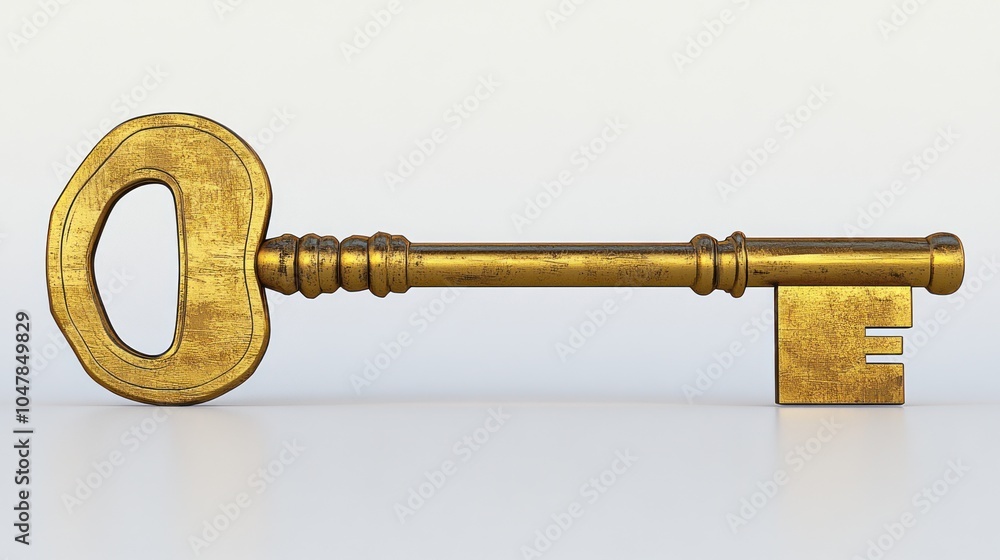 Poster A large, ornate, golden key lies on a white surface. It has a large, rounded head with a keyhole, and a long, thin shaft with a decorative bit at the end.