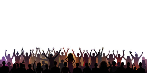 Concert crowd silhouette with vibrant stage lights, transparent background