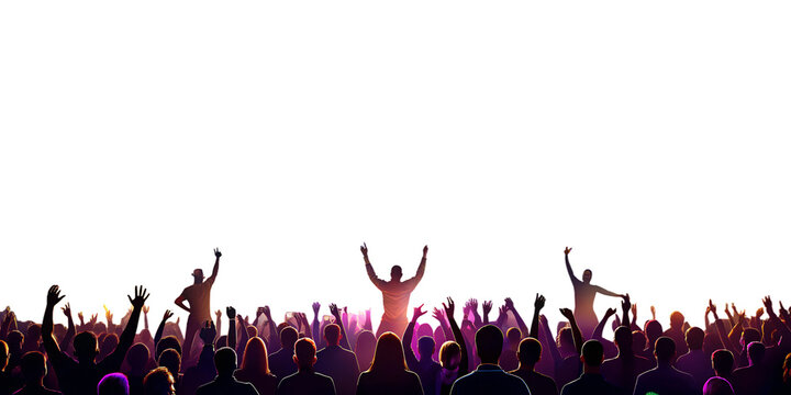 Concert crowd silhouette with vibrant stage lights, transparent background