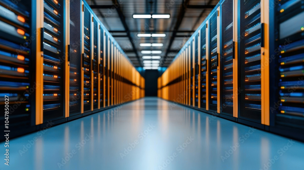 Poster wide angle shot of massive server room filled with rows of servers, showcasing modern and high tech 