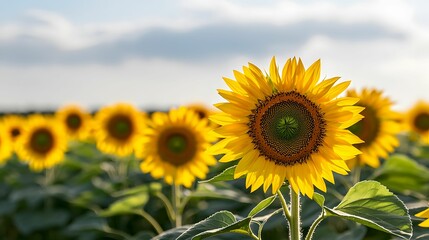Obraz premium A vibrant field of sunflowers stretches towards the horizon, showcasing rich yellow petals and lush green leaves under a clear sky.